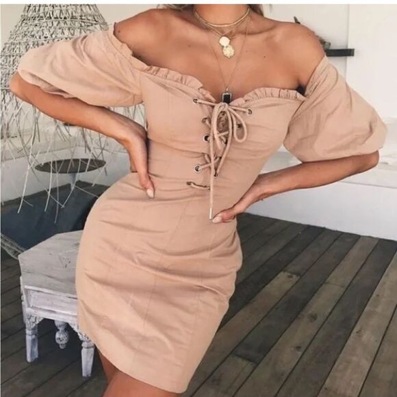 I.AM.GIA Alya Off The Shoulder Corset Dress Tan Size Small - Picture 1 of 10